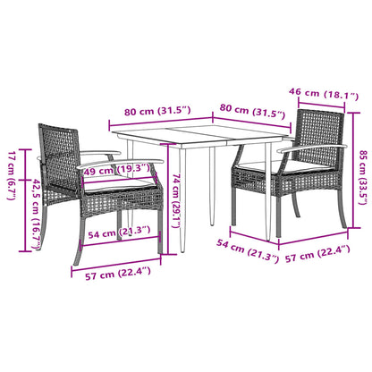 3 Piece Garden Dining Set with Cushions Grey Poly Rattan
