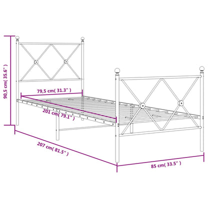 Metal Bed Frame without Mattress with Footboard White 80x200cm
