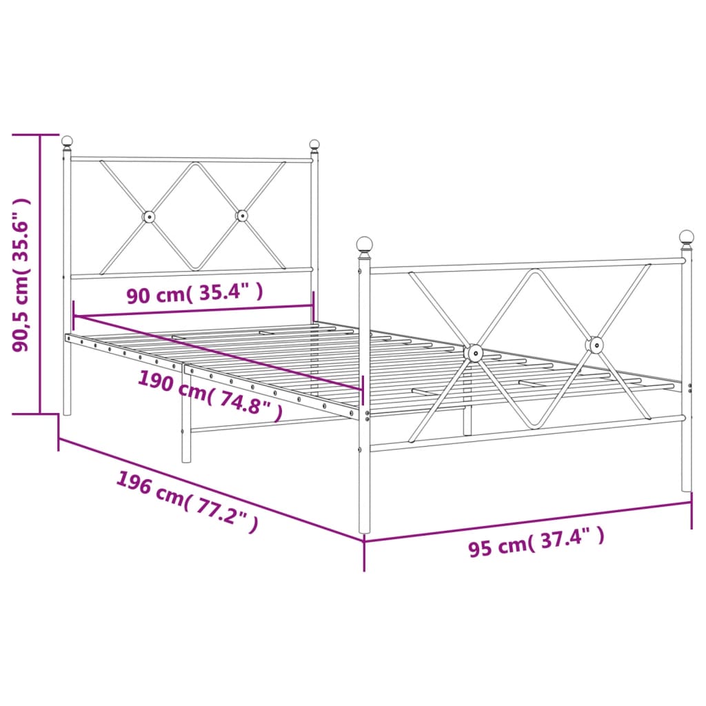 Metal Bed Frame without Mattress with Footboard White 90x190cm
