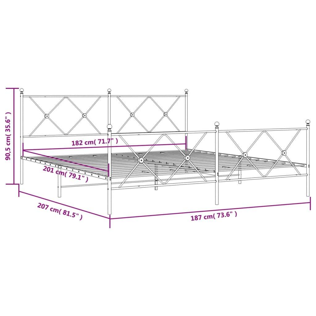 Metal Bed Frame without Mattress with Footboard White 180x200cm