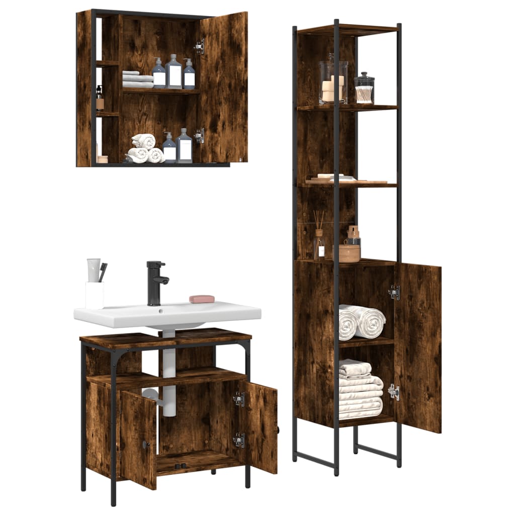 3 Piece Bathroom Cabinet Set Smoked Oak Engineered Wood