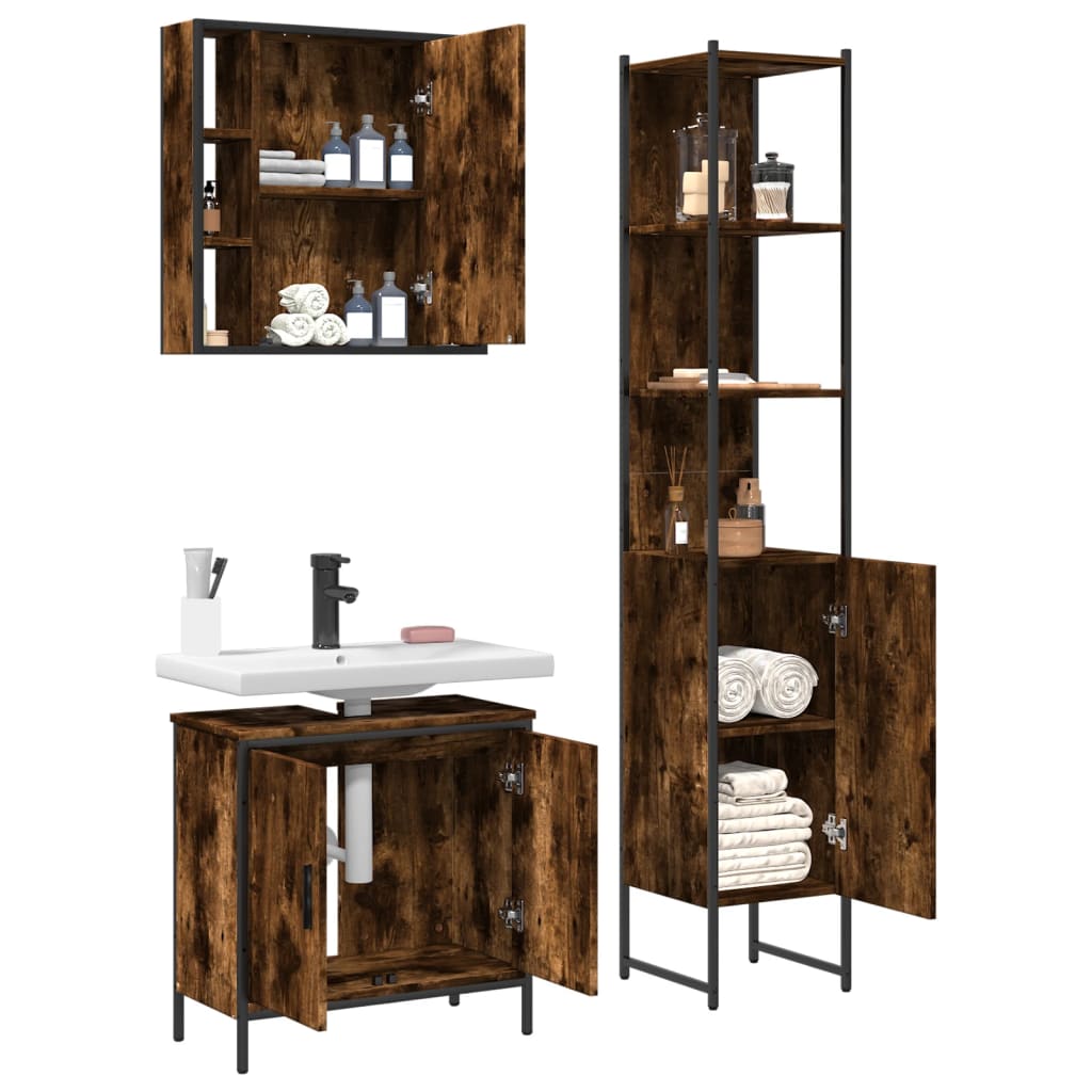 3 Piece Bathroom Cabinet Set Smoked Oak Engineered Wood