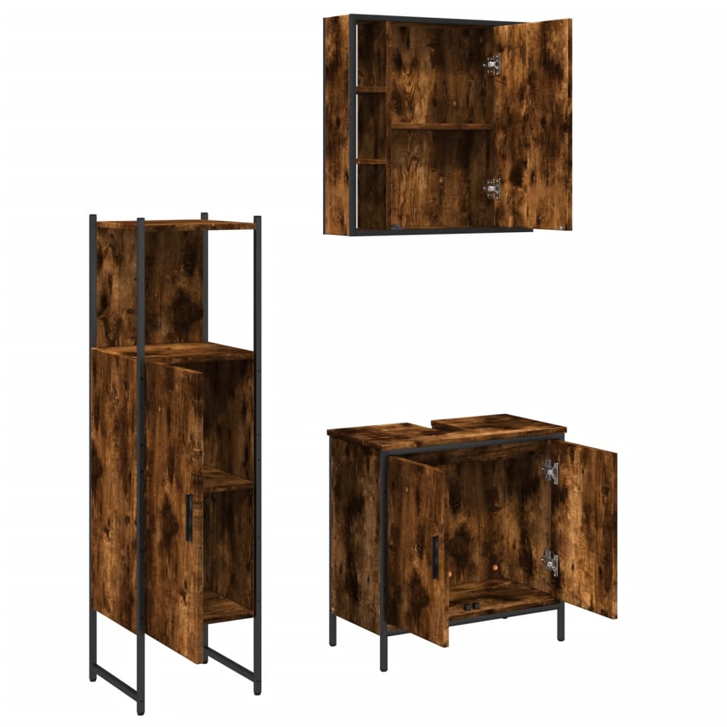 3 Piece Bathroom Cabinet Set Smoked Oak Engineered Wood