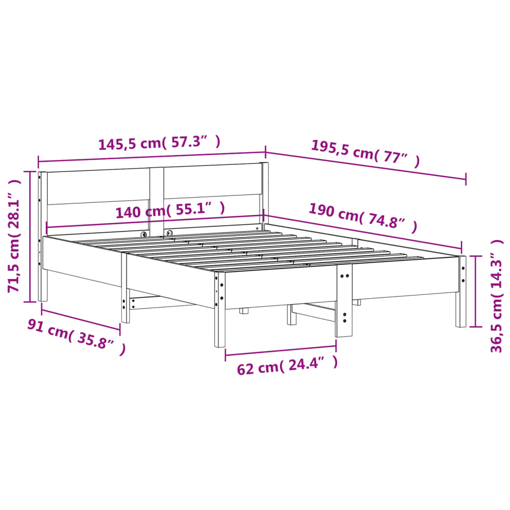 Bed Frame without Mattress 140x190 cm Solid Wood Pine