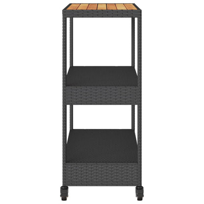 Bar Cart 3-Tier Black Poly Rattan and Solid Wood Acacia