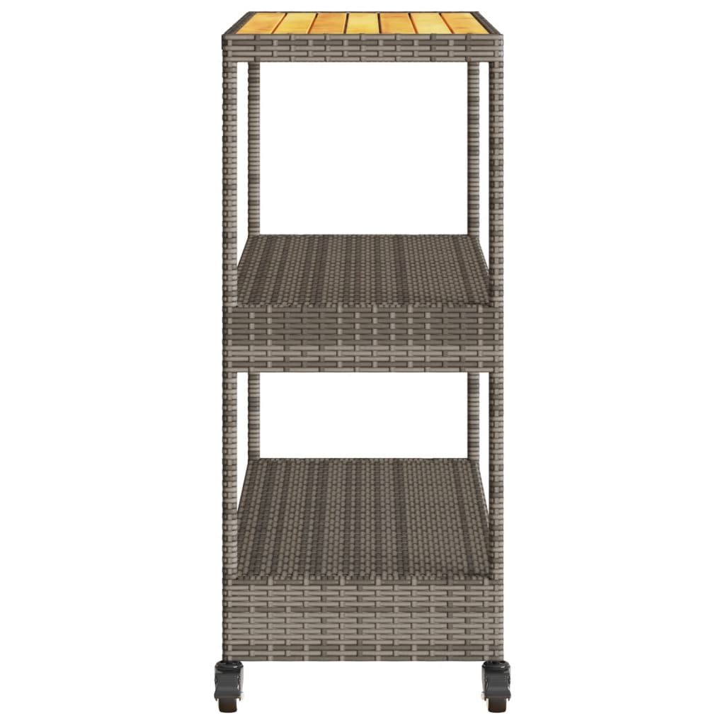 Bar Cart 3-Tier Grey Poly Rattan and Solid Wood Acacia