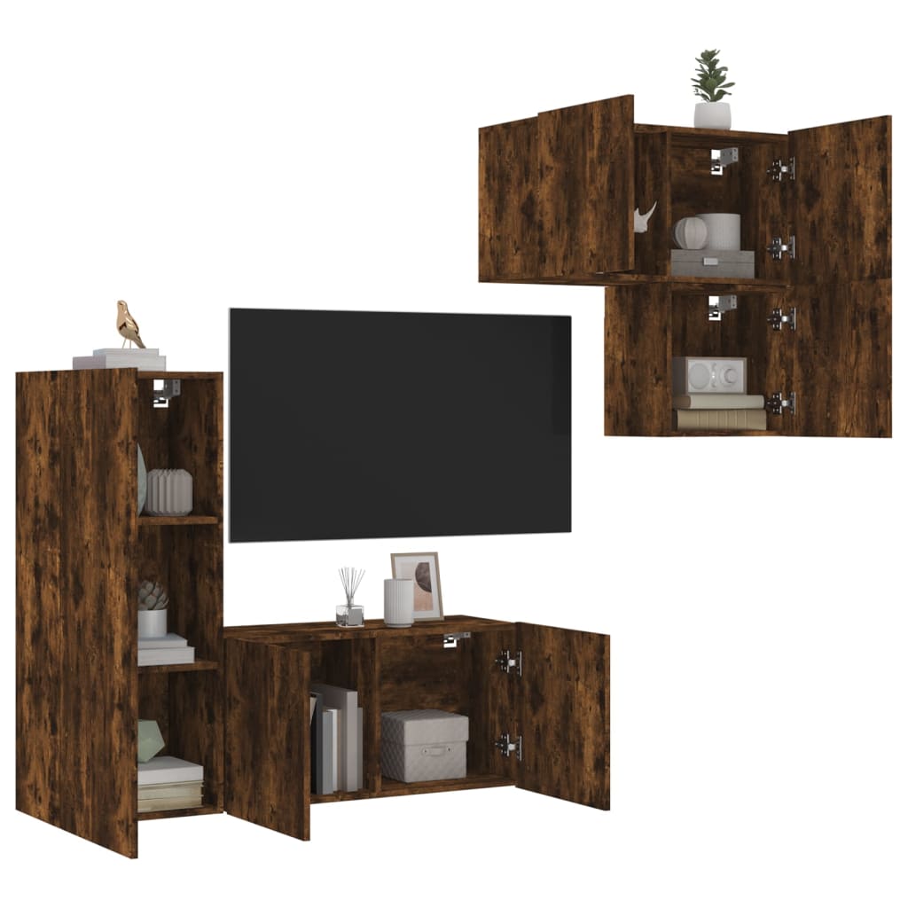 4 Piece TV Wall Units Smoked Oak Engineered Wood