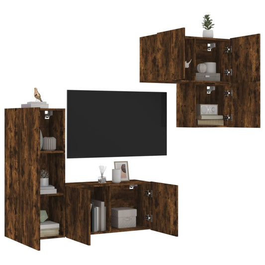 4 Piece TV Wall Units Smoked Oak Engineered Wood