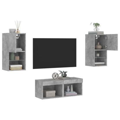 4 Piece TV Wall Cabinets with LED Lights Concrete Grey