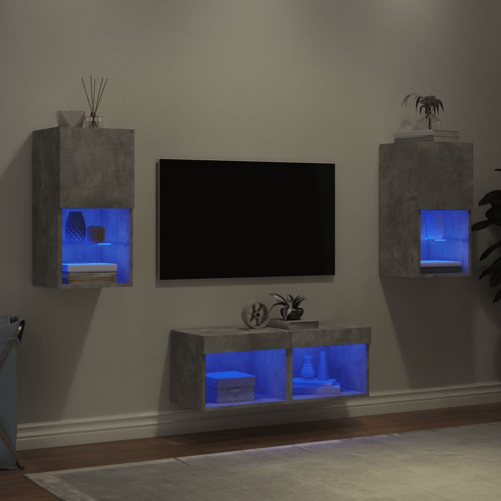 4 Piece TV Wall Cabinets with LED Lights Concrete Grey