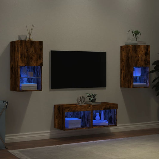 4 Piece TV Wall Cabinets with LED Lights Smoked Oak