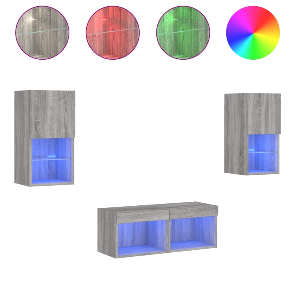 4 Piece TV Wall Cabinets with LED Lights Grey Sonoma