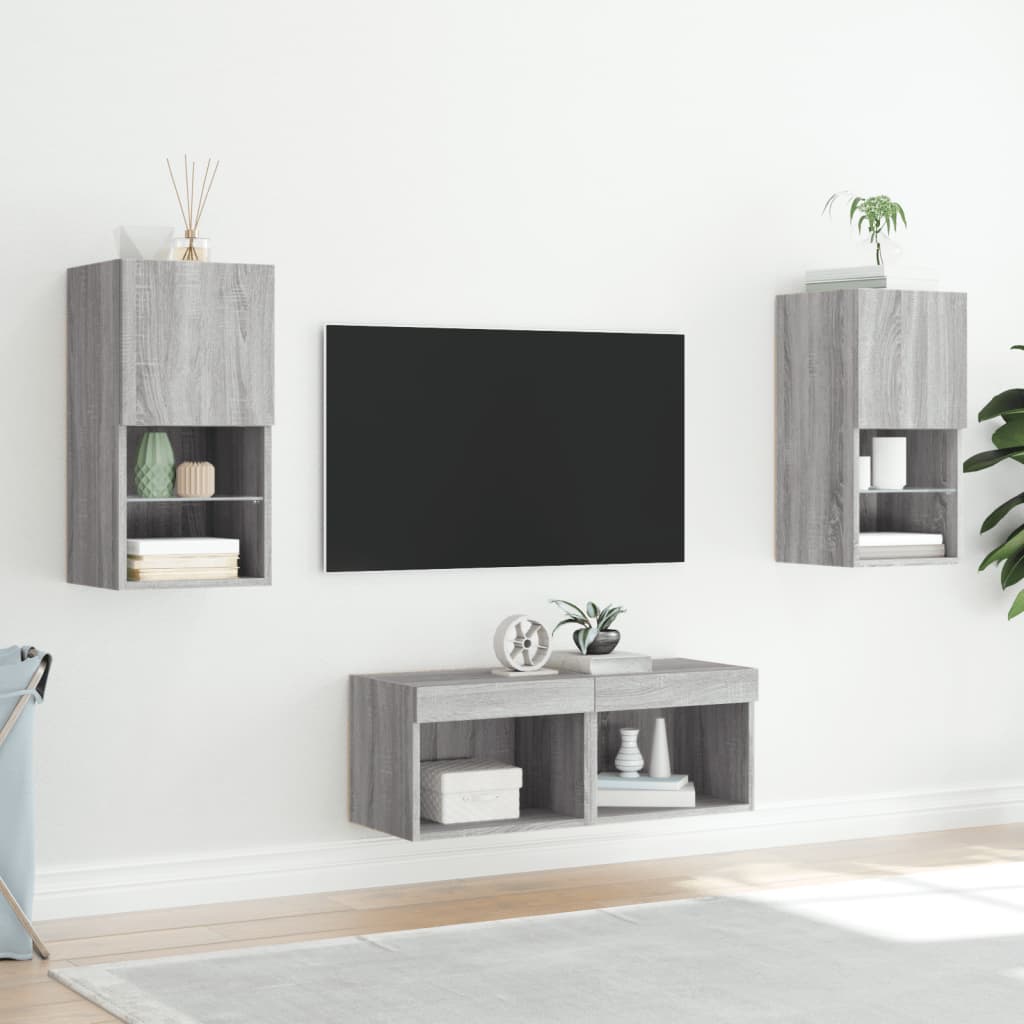 4 Piece TV Wall Cabinets with LED Lights Grey Sonoma