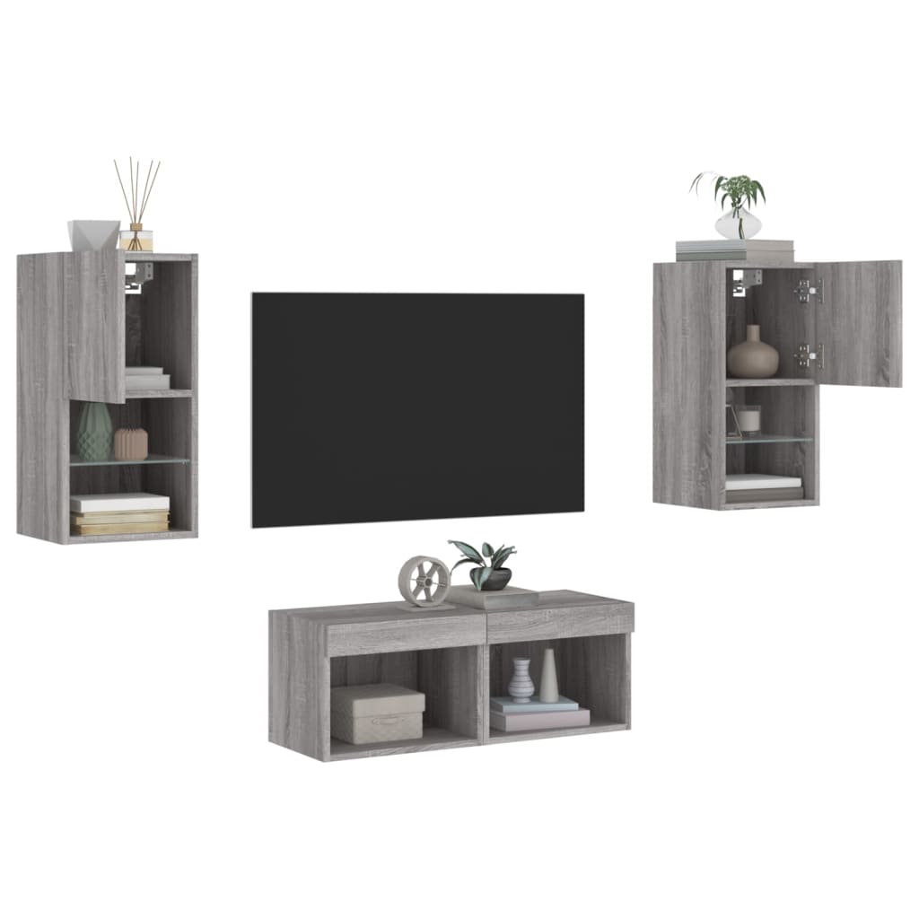 4 Piece TV Wall Cabinets with LED Lights Grey Sonoma