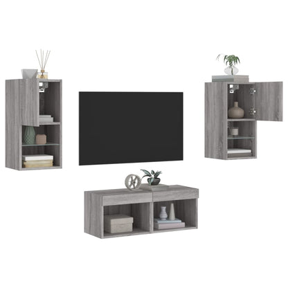 4 Piece TV Wall Cabinets with LED Lights Grey Sonoma