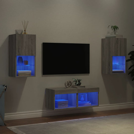 4 Piece TV Wall Cabinets with LED Lights Grey Sonoma