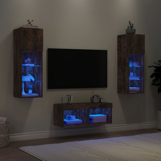 4 Piece TV Wall Cabinets with LED Lights Smoked Oak