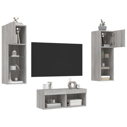 4 Piece TV Wall Cabinets with LED Lights Grey Sonoma