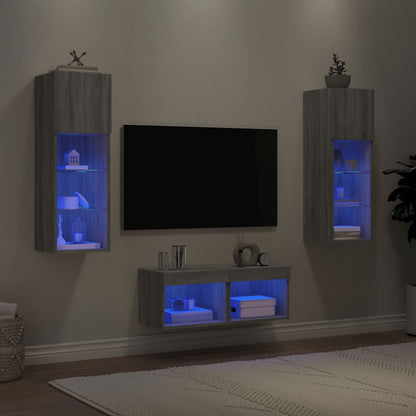 4 Piece TV Wall Cabinets with LED Lights Grey Sonoma