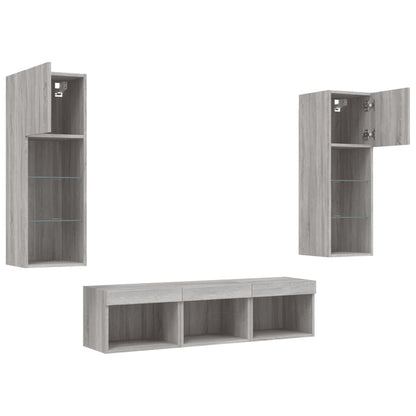 5 Piece TV Wall Units with LED Grey Sonoma Engineered Wood
