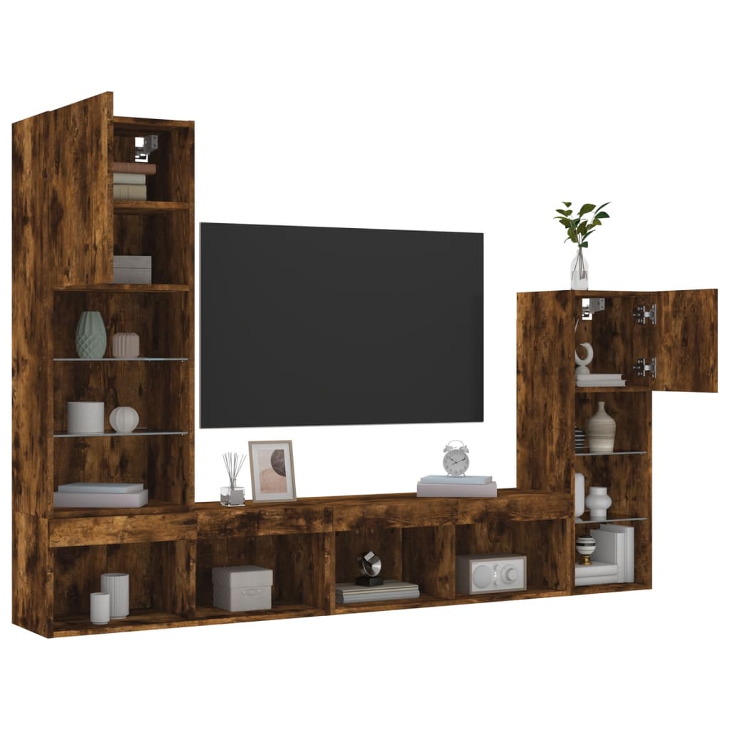 4 Piece TV Wall Units with LED Smoked Oak Engineered Wood