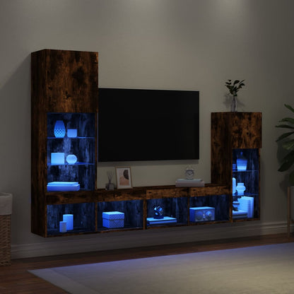 4 Piece TV Wall Units with LED Smoked Oak Engineered Wood