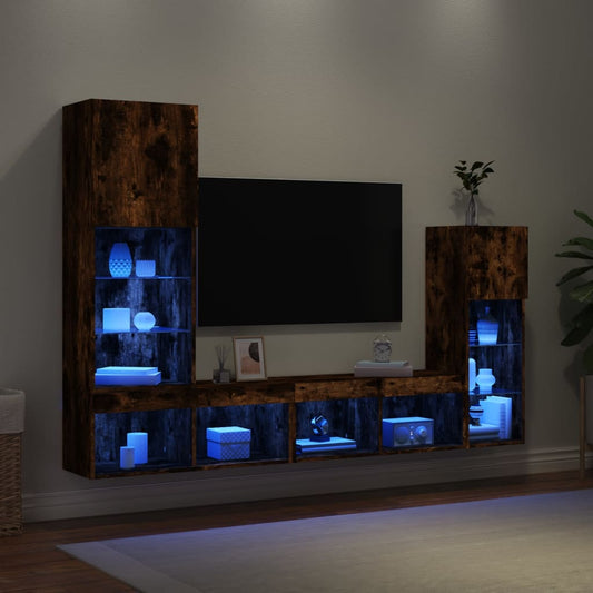 4 Piece TV Wall Units with LED Smoked Oak Engineered Wood