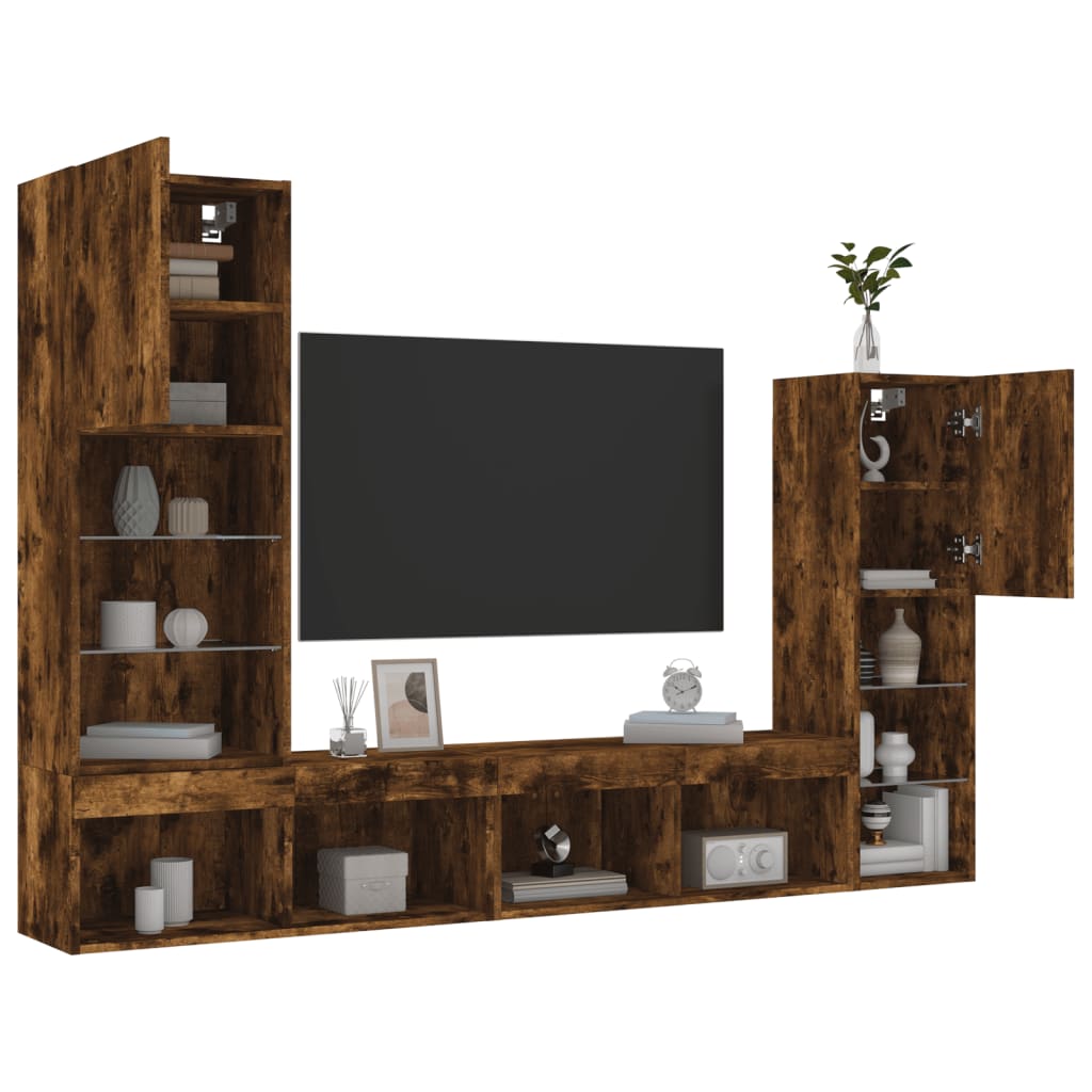 4 Piece TV Wall Units with LED Smoked Oak Engineered Wood