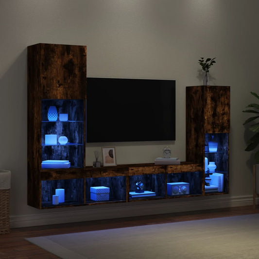 4 Piece TV Wall Units with LED Smoked Oak Engineered Wood