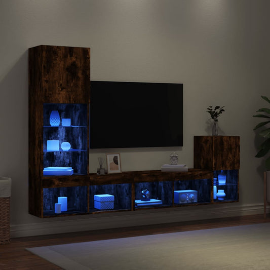 4 Piece TV Wall Units with LED Smoked Oak Engineered Wood