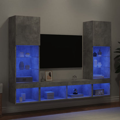 5 Piece TV Wall Units with LED Concrete Grey Engineered Wood