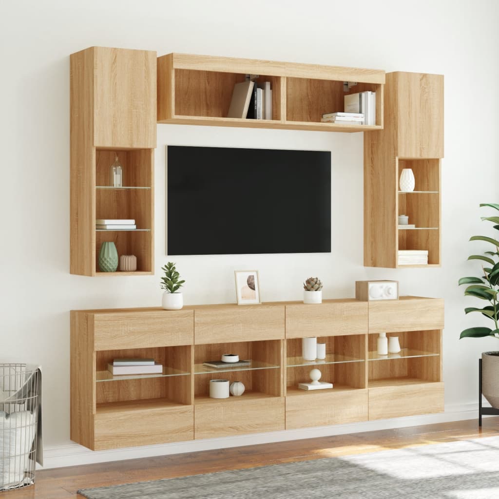 6 Piece TV Wall Cabinet Set with LED Lights Sonoma Oak