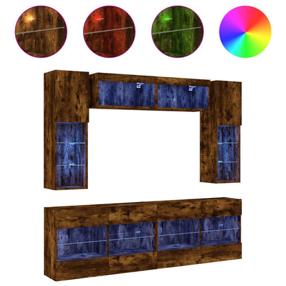 6 Piece TV Wall Cabinet Set with LED Lights Smoked Oak