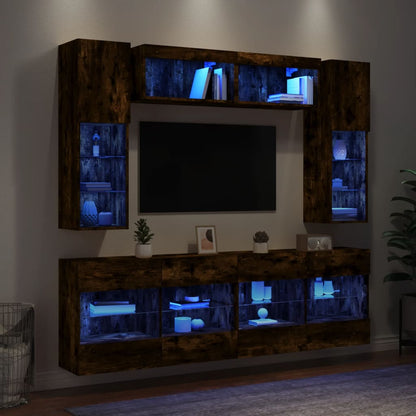 6 Piece TV Wall Cabinet Set with LED Lights Smoked Oak