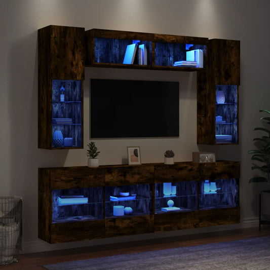 6 Piece TV Wall Cabinet Set with LED Lights Smoked Oak