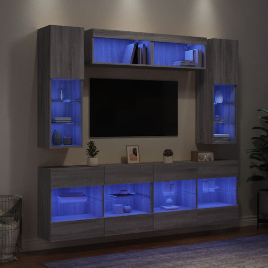 6 Piece TV Wall Cabinet Set with LED Lights Grey Sonoma