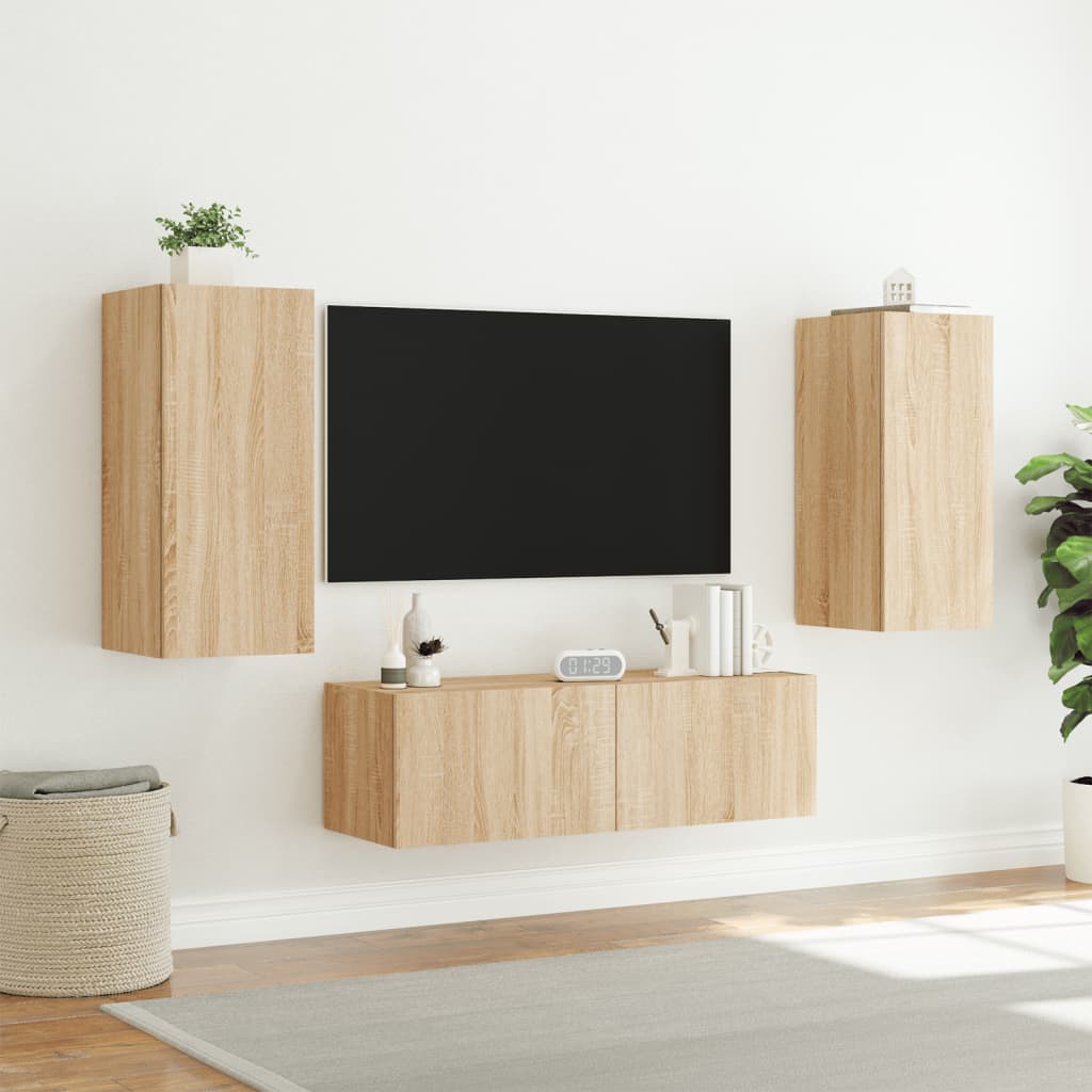 3 Piece TV Wall Cabinets with LED Lights Sonoma Oak