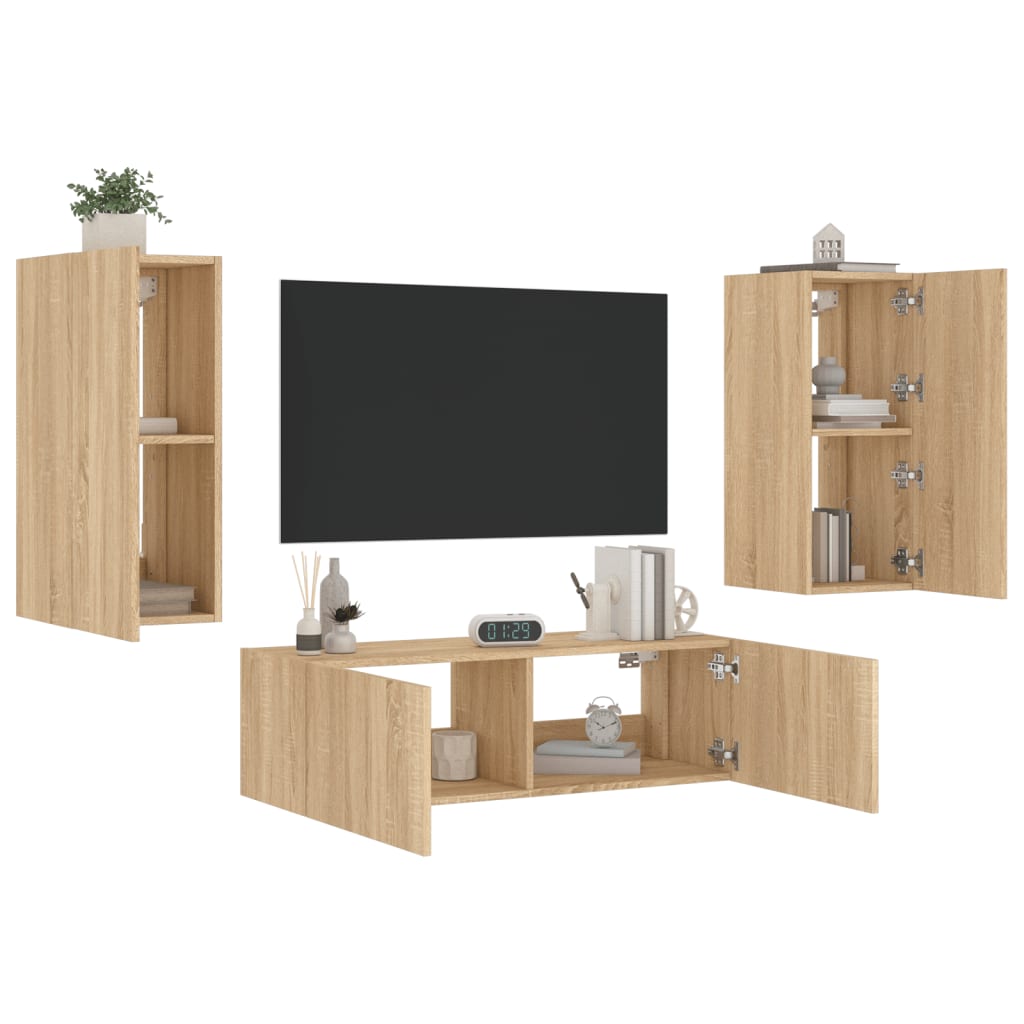 3 Piece TV Wall Cabinets with LED Lights Sonoma Oak