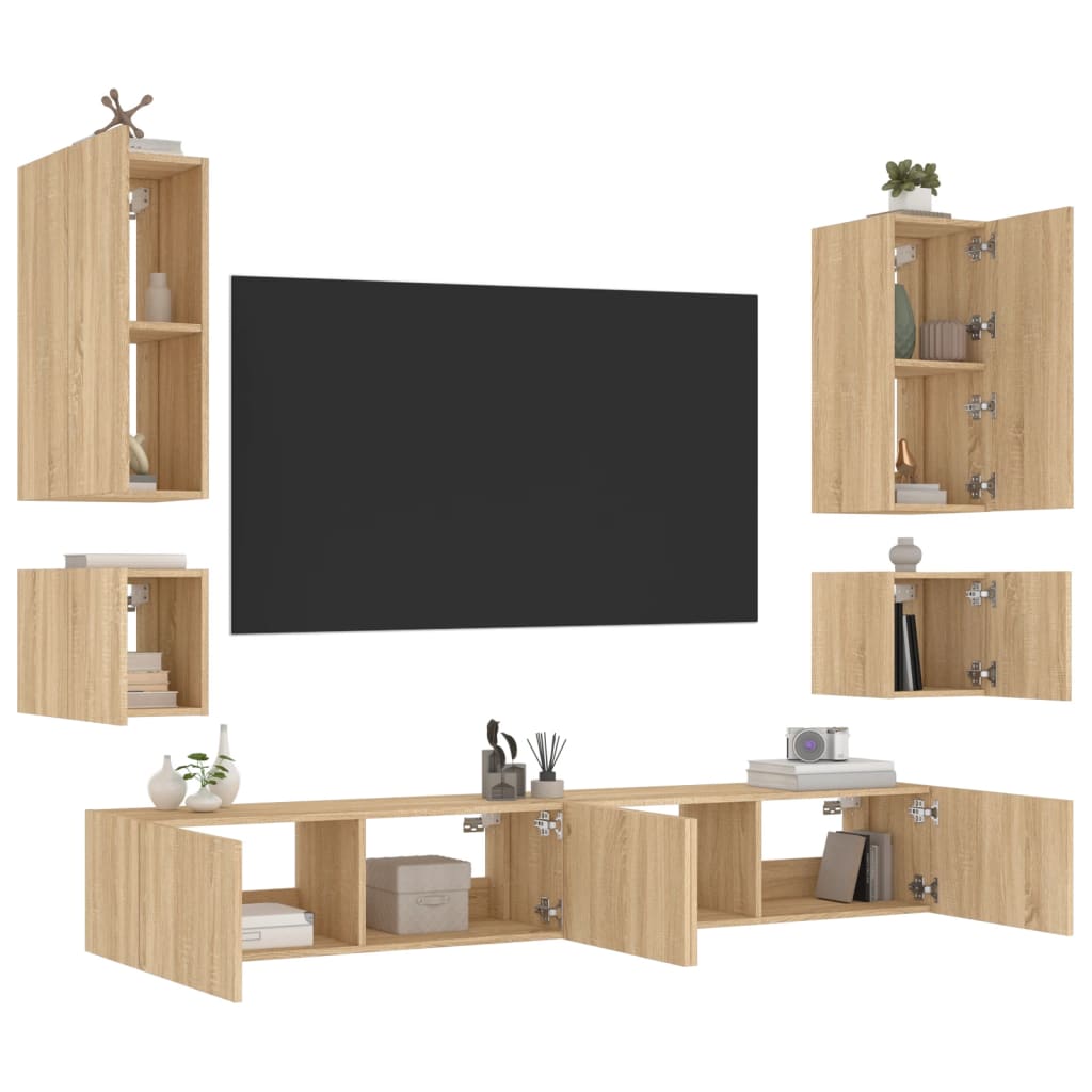 6 Piece TV Wall Cabinets with LED Lights Sonoma Oak