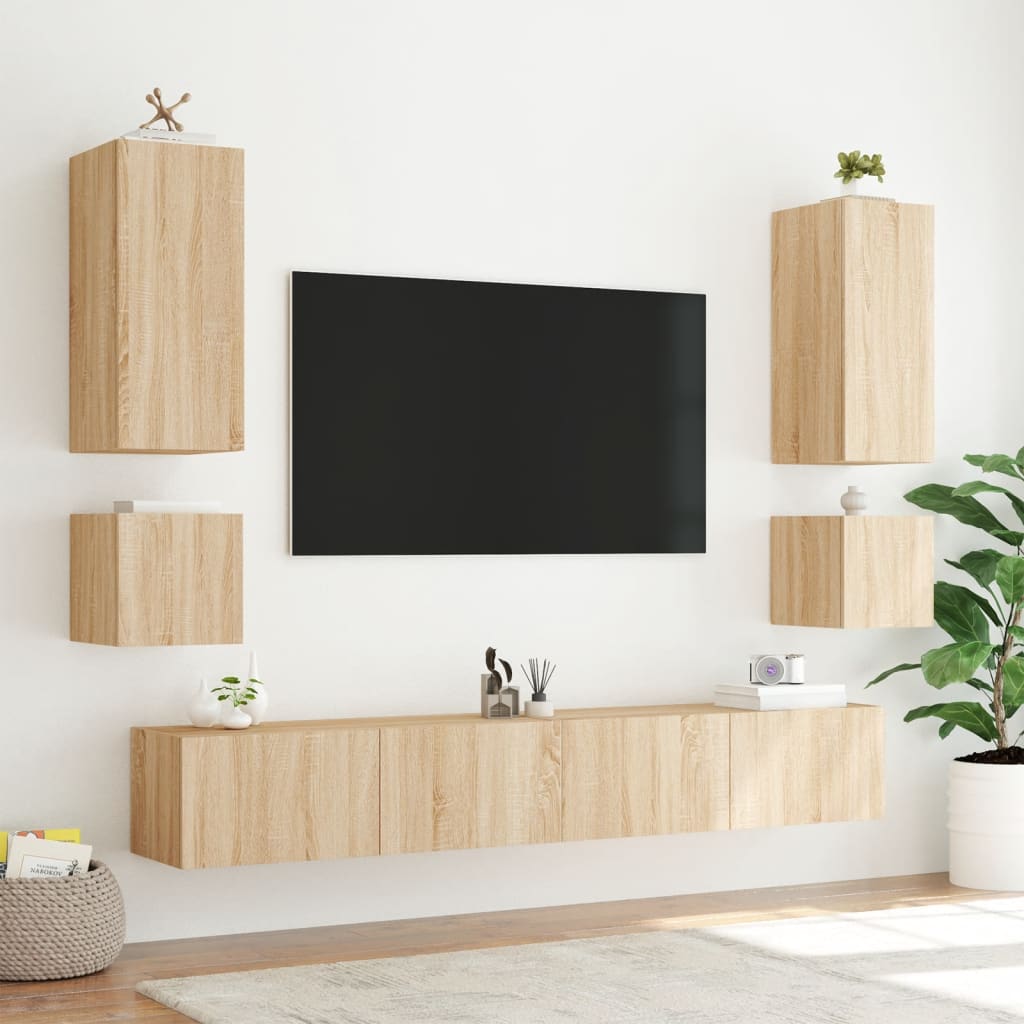 6 Piece TV Wall Cabinets with LED Lights Sonoma Oak