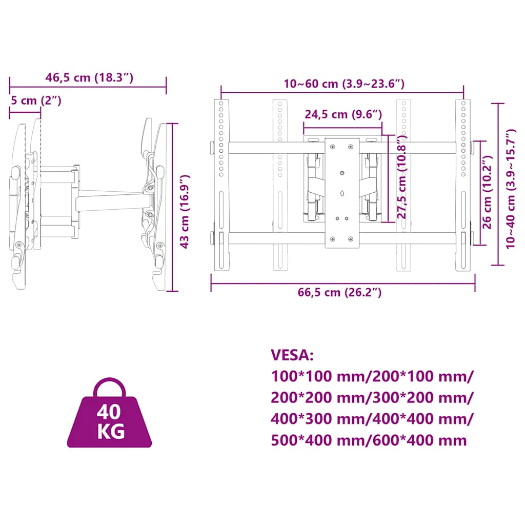 TV Wall Mount for 37-80 Inch Screen Max VESA 600x400 mm 40kg