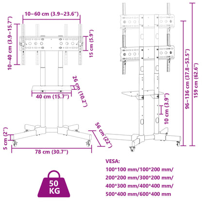 TV Stand on Wheels 32-70 Inch Screen Max VESA 600x400 mm 50kg