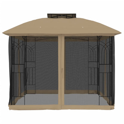 Gazebo with Double Roof and Mesh Walls Taupe 2.94x2.94 m Steel