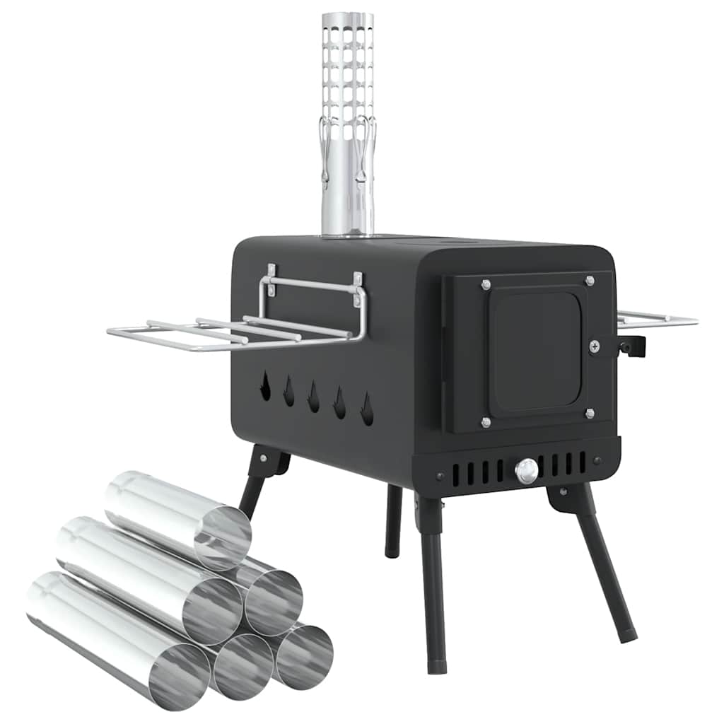Tent Wood Stove with Chimney and Foldable Legs Black Steel