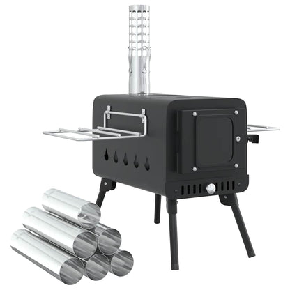 Tent Wood Stove with Chimney and Foldable Legs Black Steel