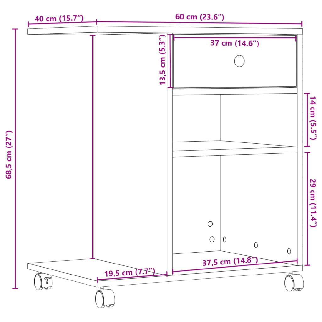 Printer Stand with Wheels Concrete Grey 60x40x68.5 cm