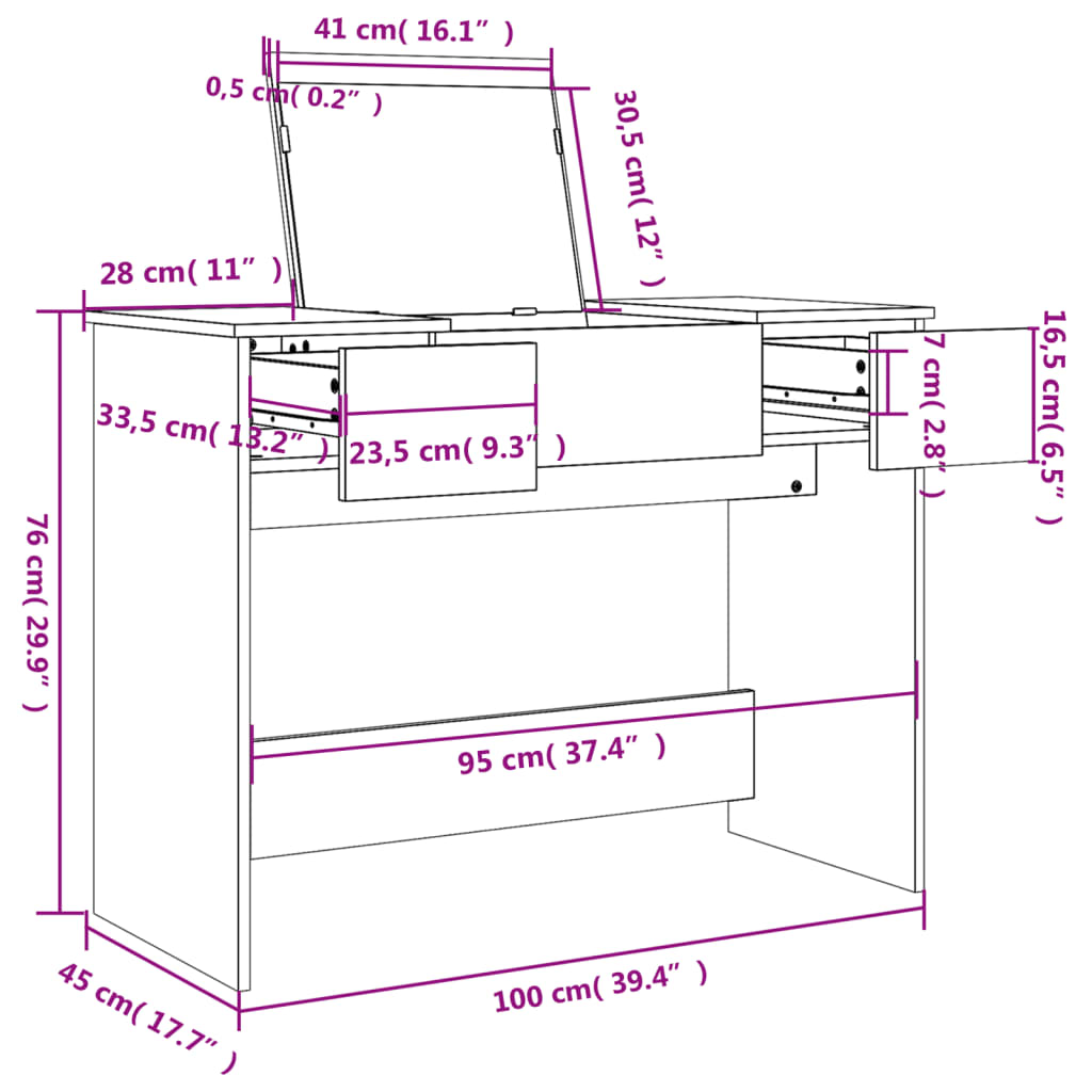 Dressing Table with Mirror Sonoma Oak 100x45x76 cm