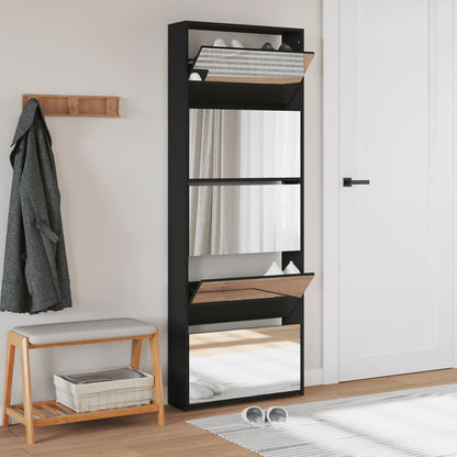 Shoe Cabinet with Mirror 5-Layer Black 63x17x169.5 cm