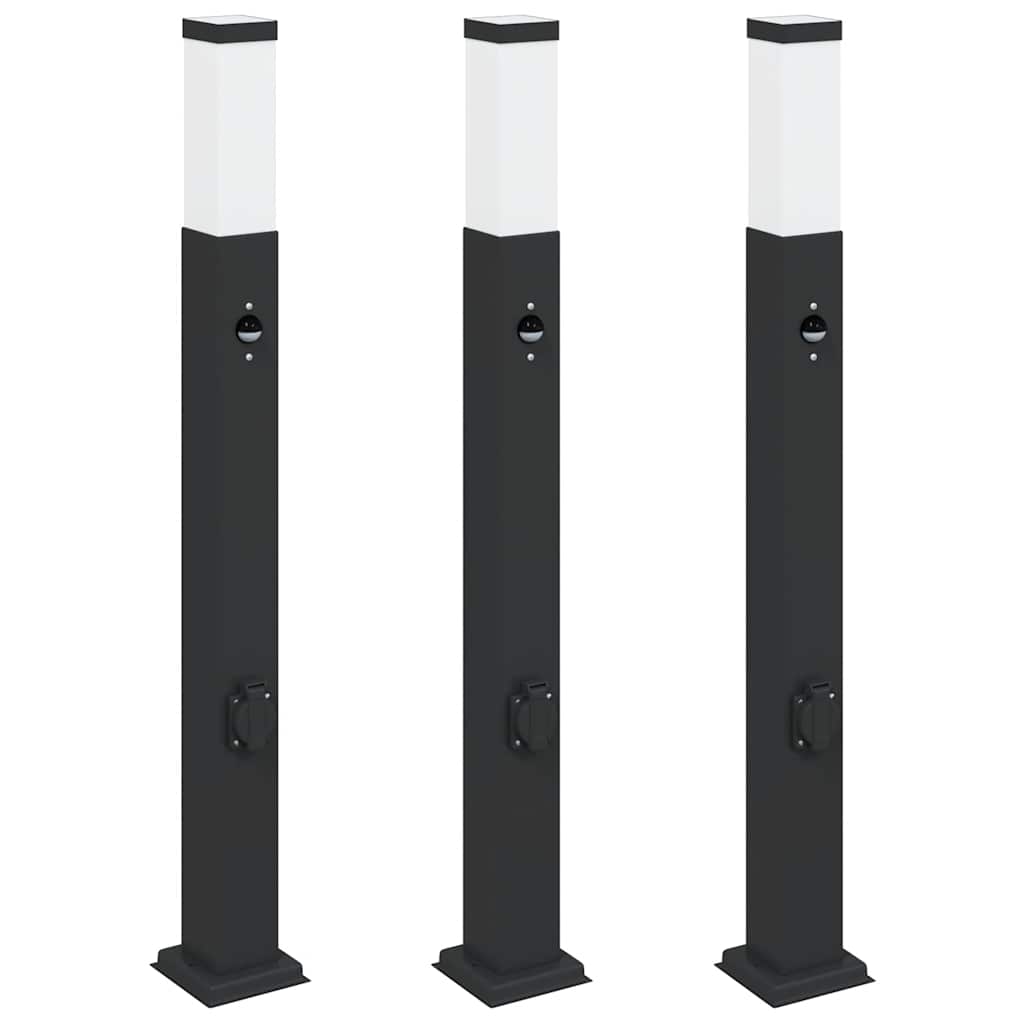 Bollard Lights with Sensor&Outlet 3 pcs 80 cm Black IP44