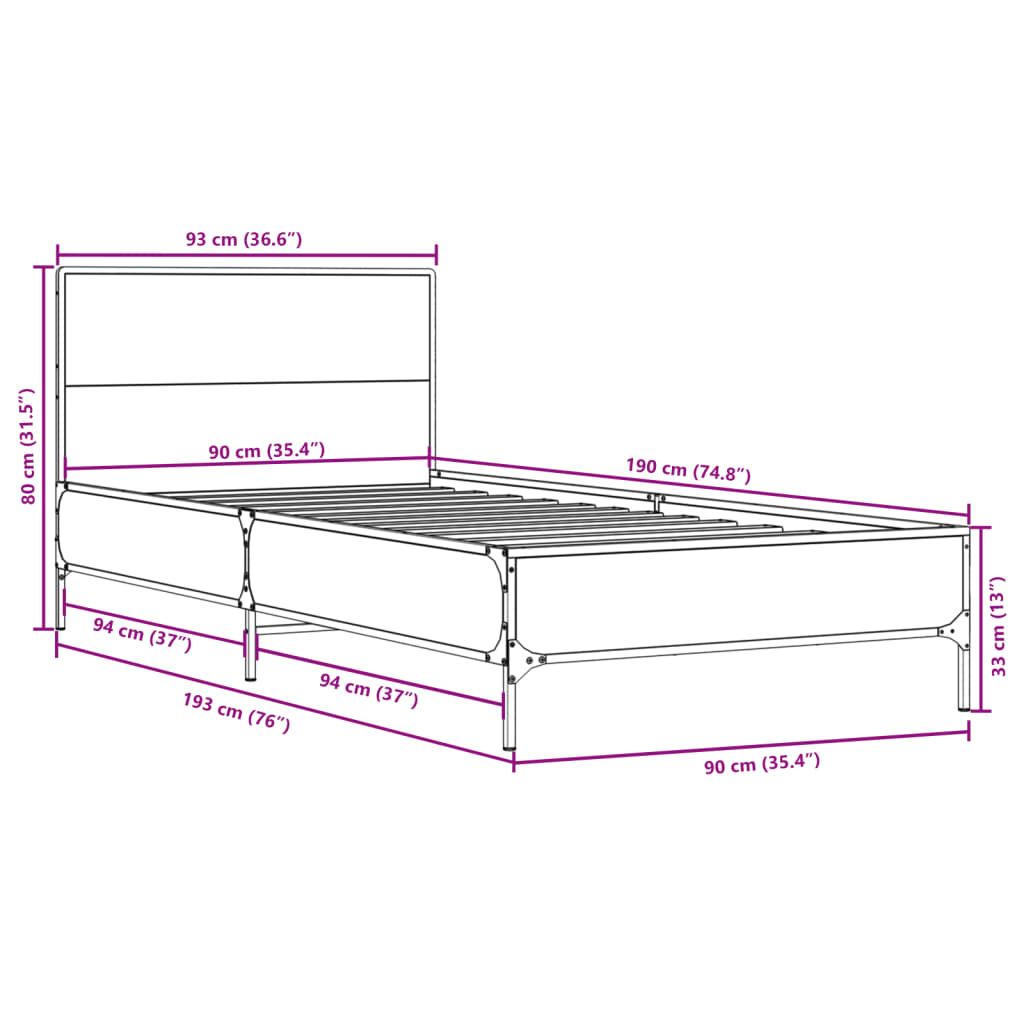 Bed Frame without Mattress Sonoma Oak 90x190 cm Single